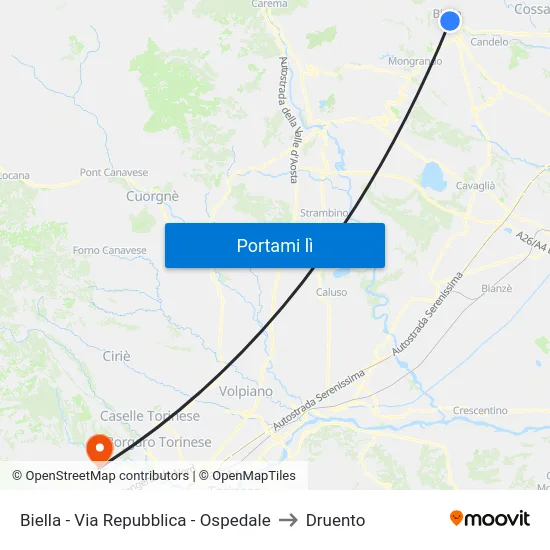 Biella - Via Repubblica - Ospedale to Druento map