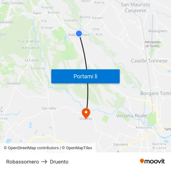 Robassomero to Druento map