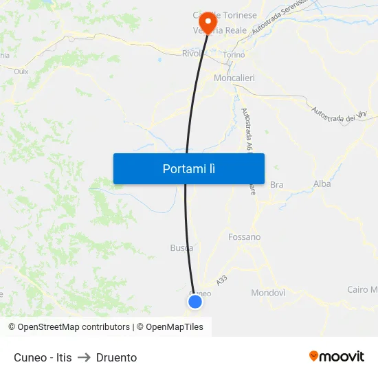 Cuneo - Itis to Druento map