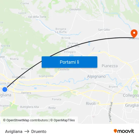 Avigliana to Druento map