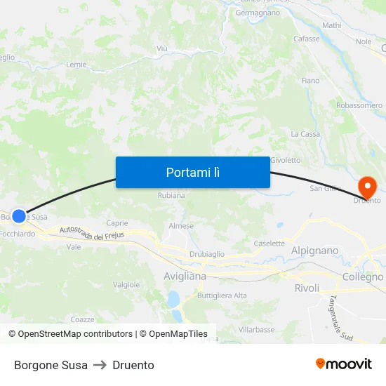 Borgone Susa to Druento map
