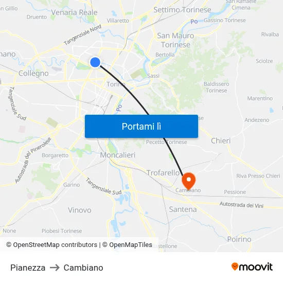 Pianezza to Cambiano map
