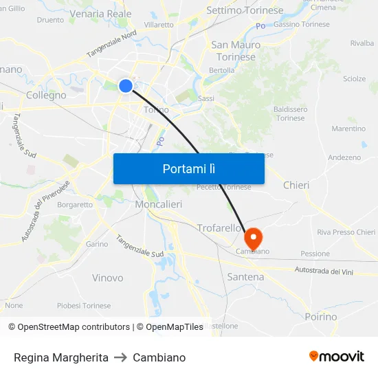 Regina Margherita to Cambiano map