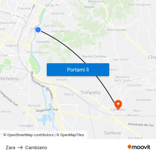 Zara to Cambiano map