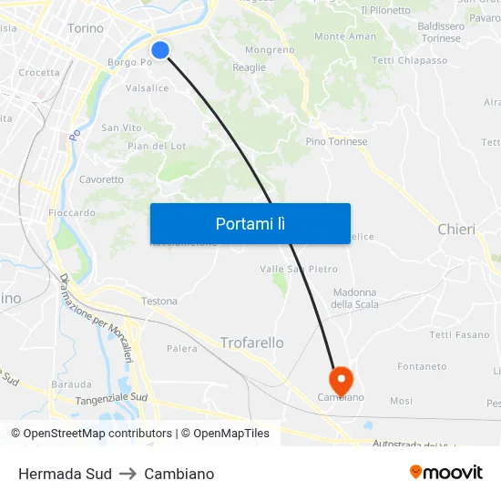 Hermada Sud to Cambiano map