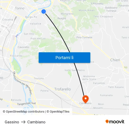 Gassino to Cambiano map