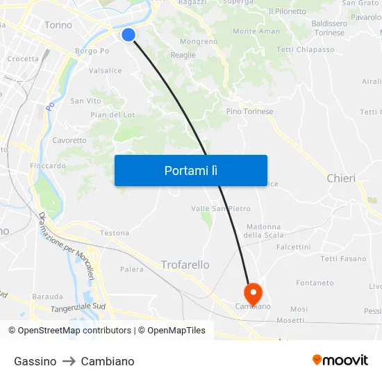 Gassino to Cambiano map
