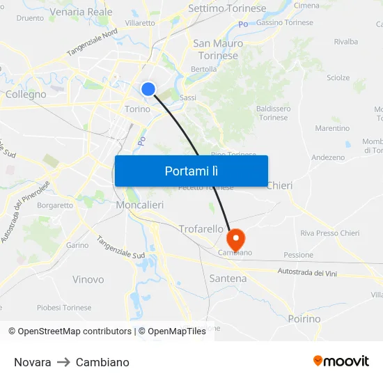 Novara to Cambiano map