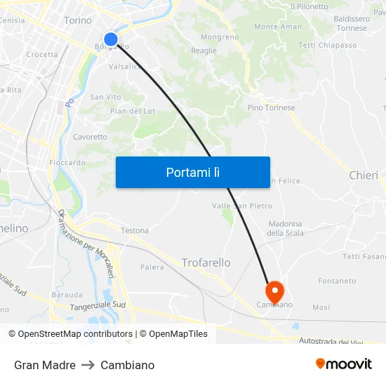 Gran Madre to Cambiano map