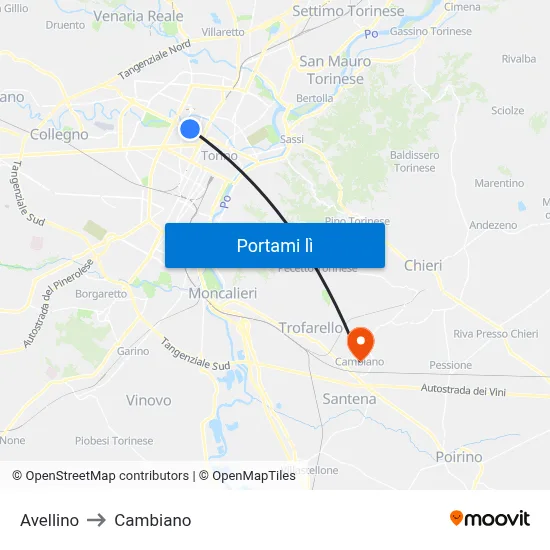 Avellino to Cambiano map