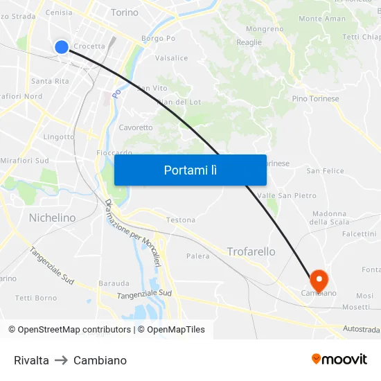 Rivalta to Cambiano map