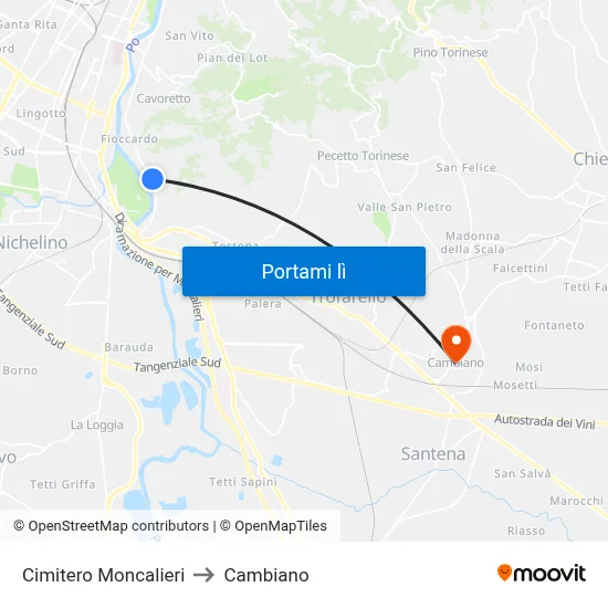 Cimitero Moncalieri to Cambiano map