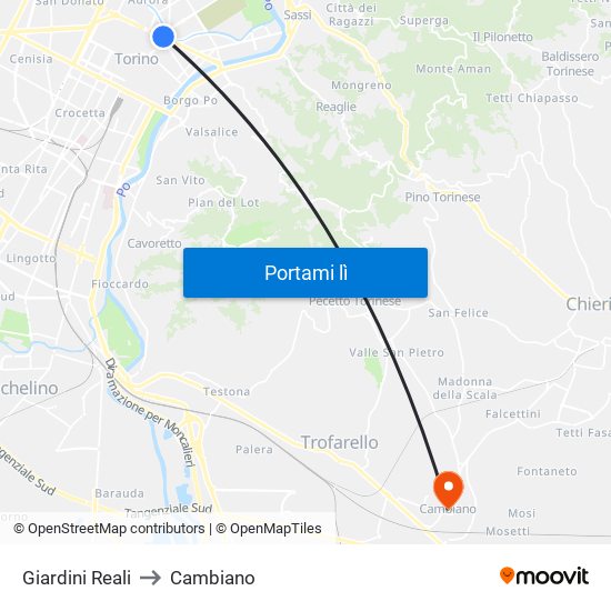 Giardini Reali to Cambiano map