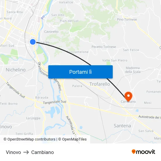 Vinovo to Cambiano map
