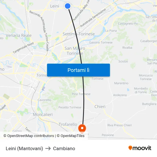 Leini (Mantovani) to Cambiano map
