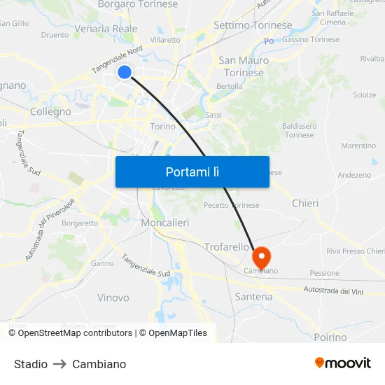 Stadio to Cambiano map