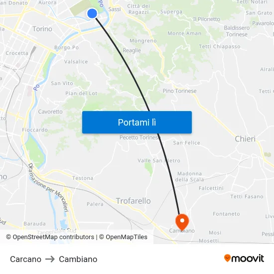 Carcano to Cambiano map