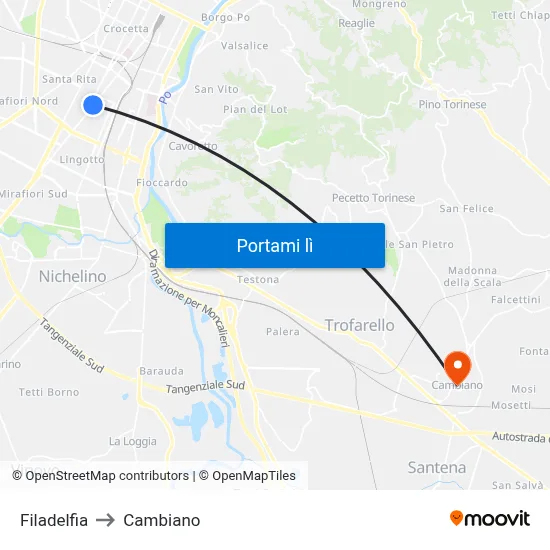 Filadelfia to Cambiano map