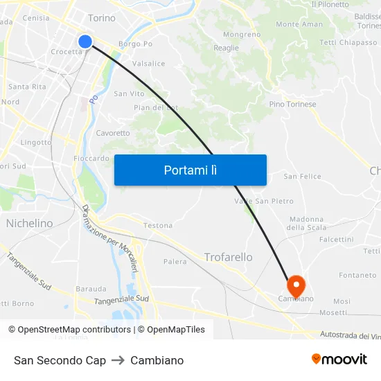 San Secondo Cap to Cambiano map