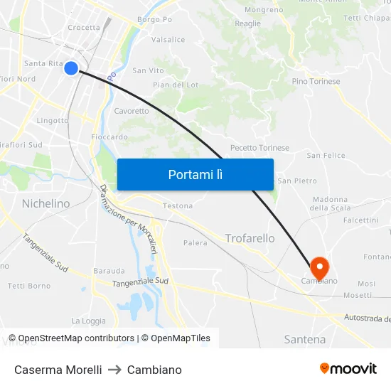 Caserma Morelli to Cambiano map