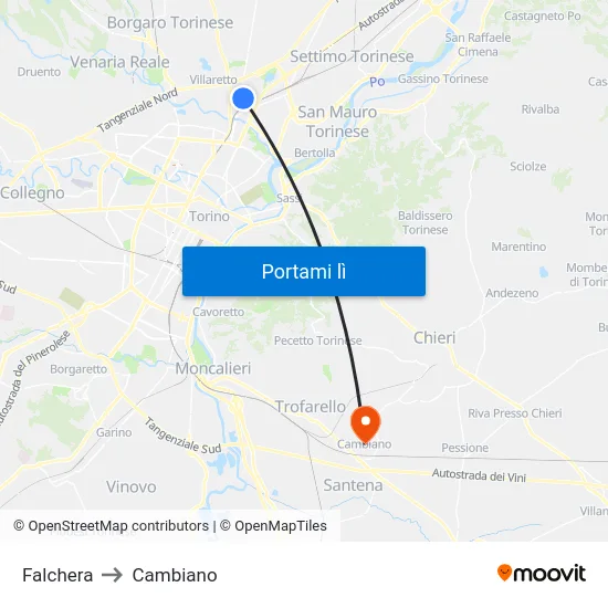 Falchera to Cambiano map