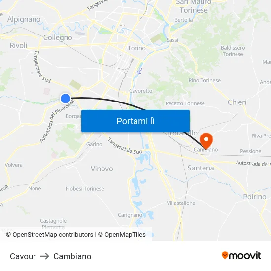 Cavour to Cambiano map