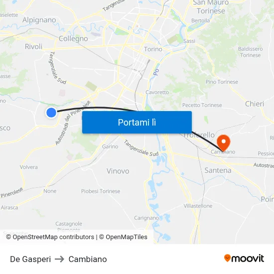 De Gasperi to Cambiano map