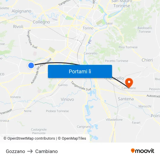 Gozzano to Cambiano map