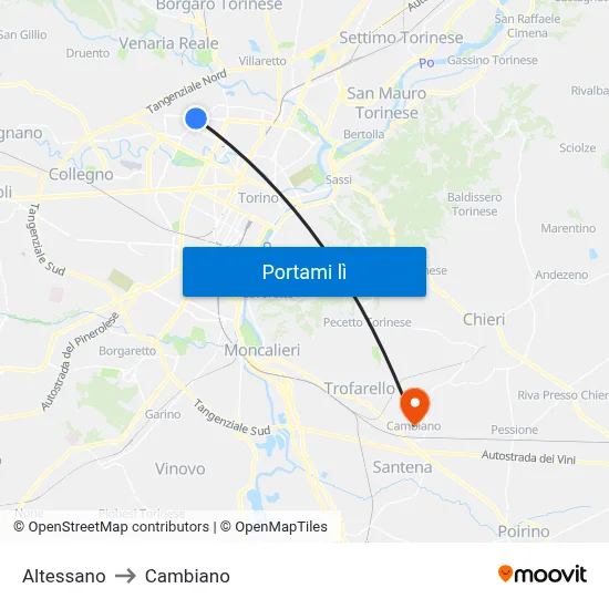 Altessano to Cambiano map