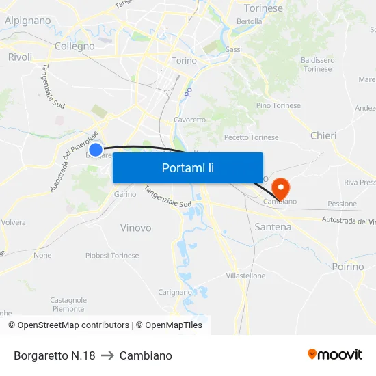 Borgaretto N.18 to Cambiano map