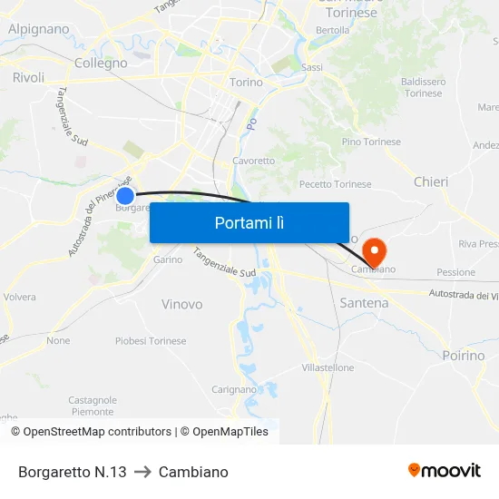 Borgaretto N.13 to Cambiano map