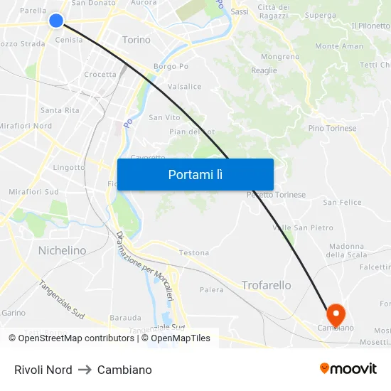 Rivoli Nord to Cambiano map
