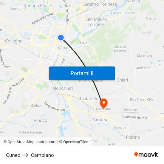 Cuneo to Cambiano map