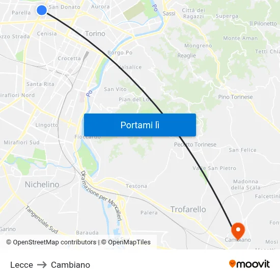Lecce to Cambiano map