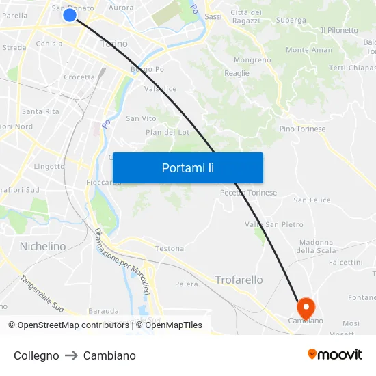 Collegno to Cambiano map
