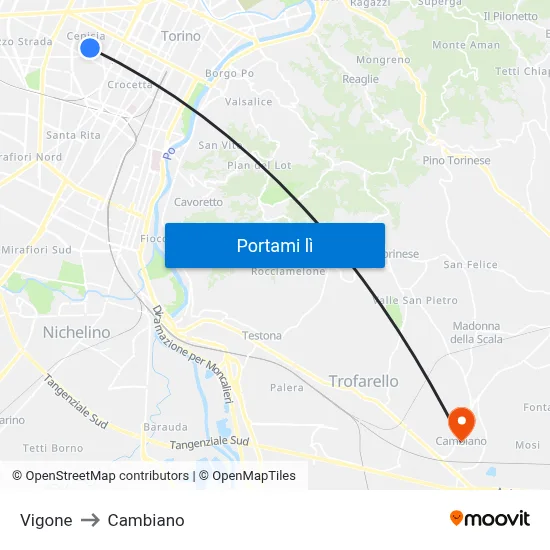Vigone to Cambiano map