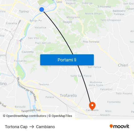 Tortona Cap to Cambiano map