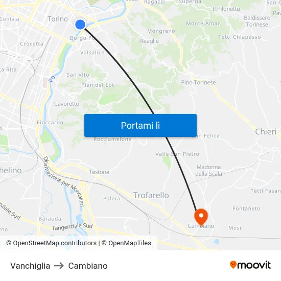 Vanchiglia to Cambiano map