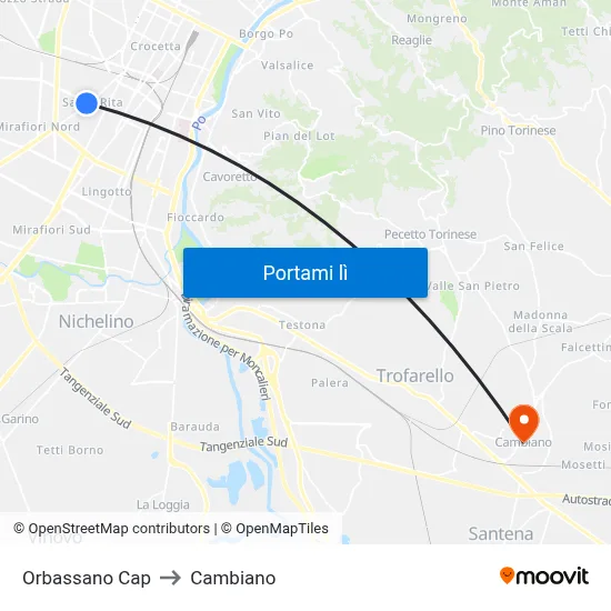 Orbassano Cap to Cambiano map