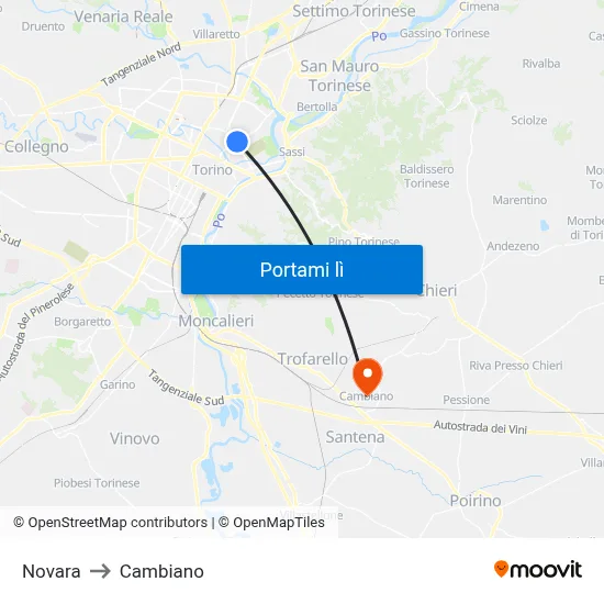 Novara to Cambiano map