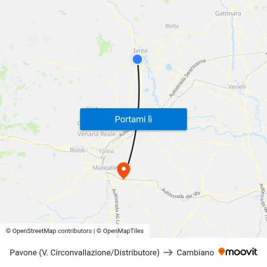 Pavone (V. Circonvallazione/Distributore) to Cambiano map