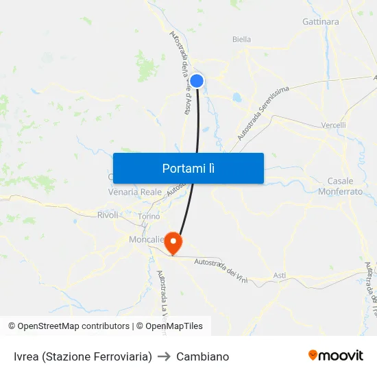 Ivrea (Stazione Ferroviaria) to Cambiano map
