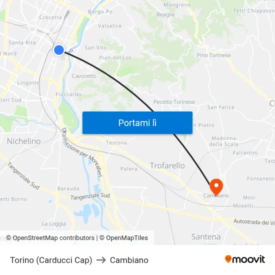Torino (Carducci Cap) to Cambiano map