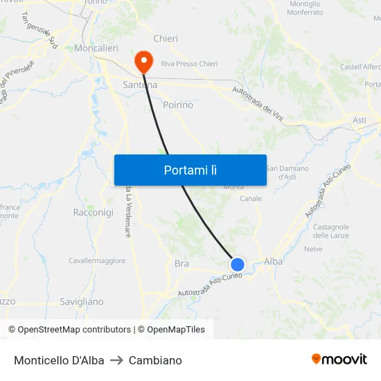 Monticello D'Alba to Cambiano map