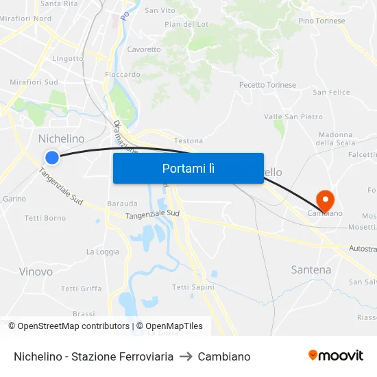Nichelino - Stazione Ferroviaria to Cambiano map