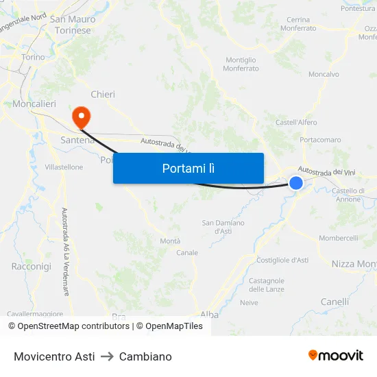 Movicentro Asti to Cambiano map