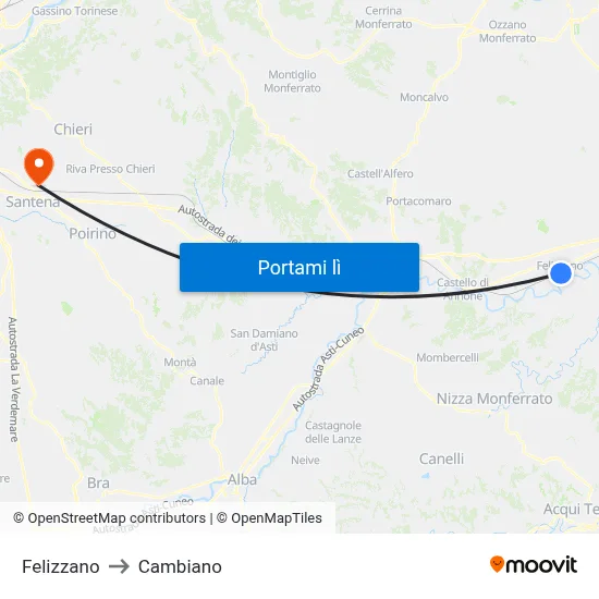 Felizzano to Cambiano map