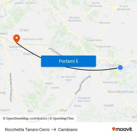 Rocchetta Tanaro-Cerro to Cambiano map