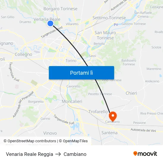 Venaria Reale Reggia to Cambiano map
