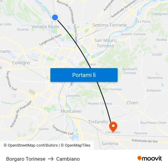 Borgaro Torinese to Cambiano map